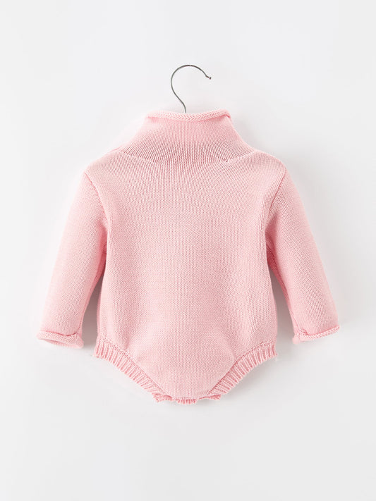 Pink knit baby romper back view with long sleeves and ribbed hem