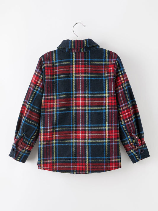 Boys long-sleeve plaid button-down shirt, back view, red and navy check pattern
