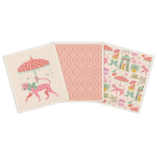 Set of three do-it-all dishcloths with pink leopard, geometric, and jungle print designs