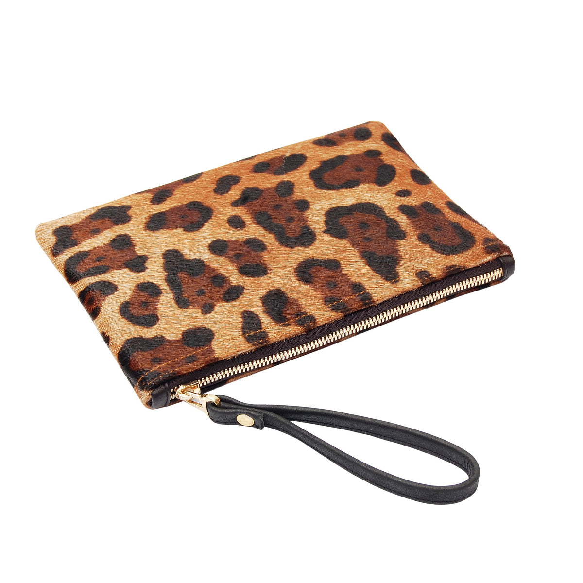 Leopard-print wristlet clutch with gold zipper and black wrist strap