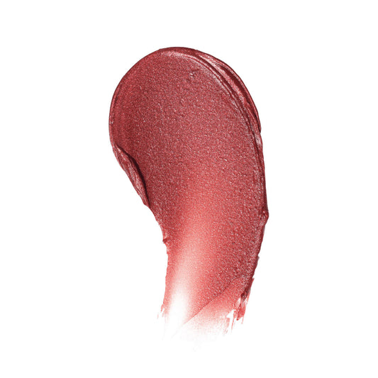 Glittery red lip tint swatch, semi-sheer glossy texture