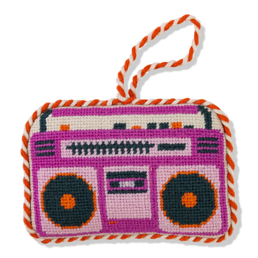 Needlepoint boom box ornament with striped rope hanger