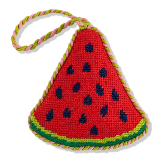Watermelon needlepoint ornament, triangular red slice with blue seed pattern and green edge