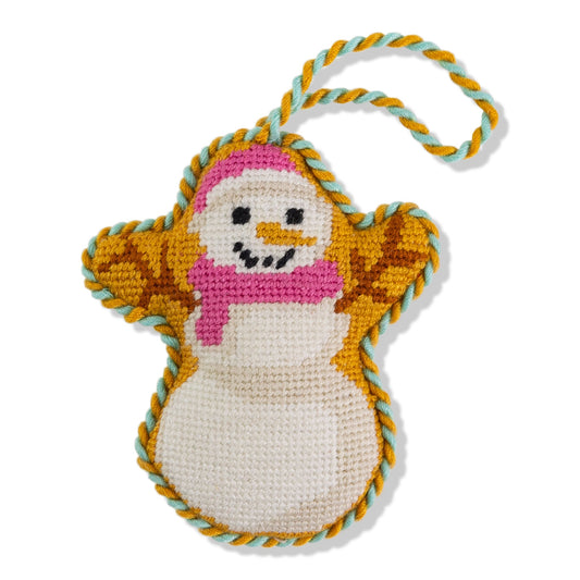 Needlepoint snowman icon ornament with braided yarn hanger and multicolor stitched face