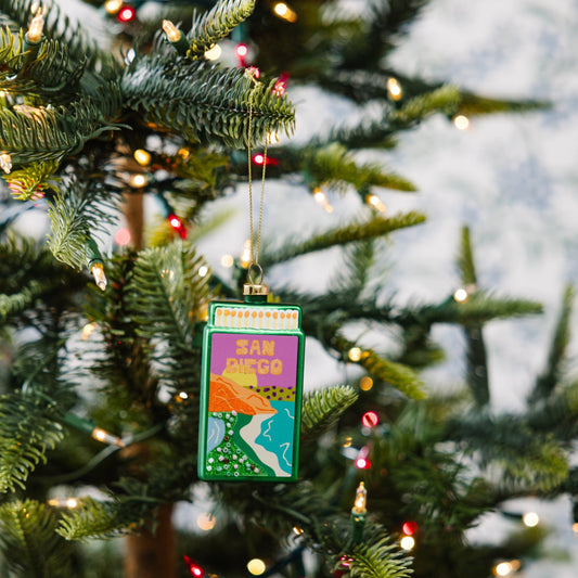 Green matchbook ornament shaped like a matchbook with 'SAN DIEGO' text