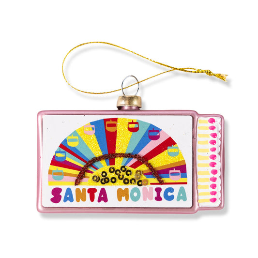 Pink matchbook ornament with gold clasp and Santa Monica graphic front