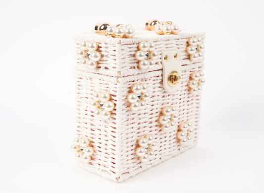 Pearl beaded woven handbag with gold side clasp and two top handles