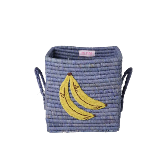 Small square blue raffia basket with banana motif and side handles
