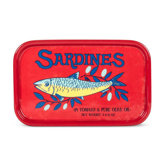 Red rectangular ceramic tin plate with sardines illustration and text