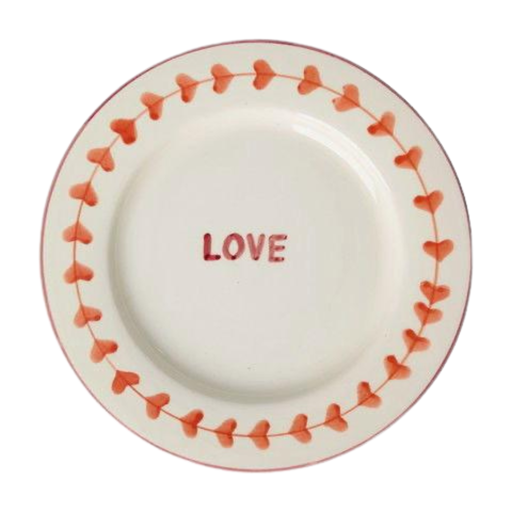 Ceramic dinner plate with hand-painted hearts border and LOVE in red