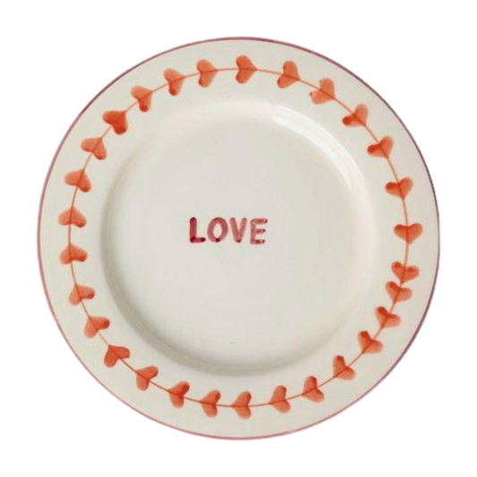 Ceramic dinner plate with hand-painted hearts border and LOVE in red