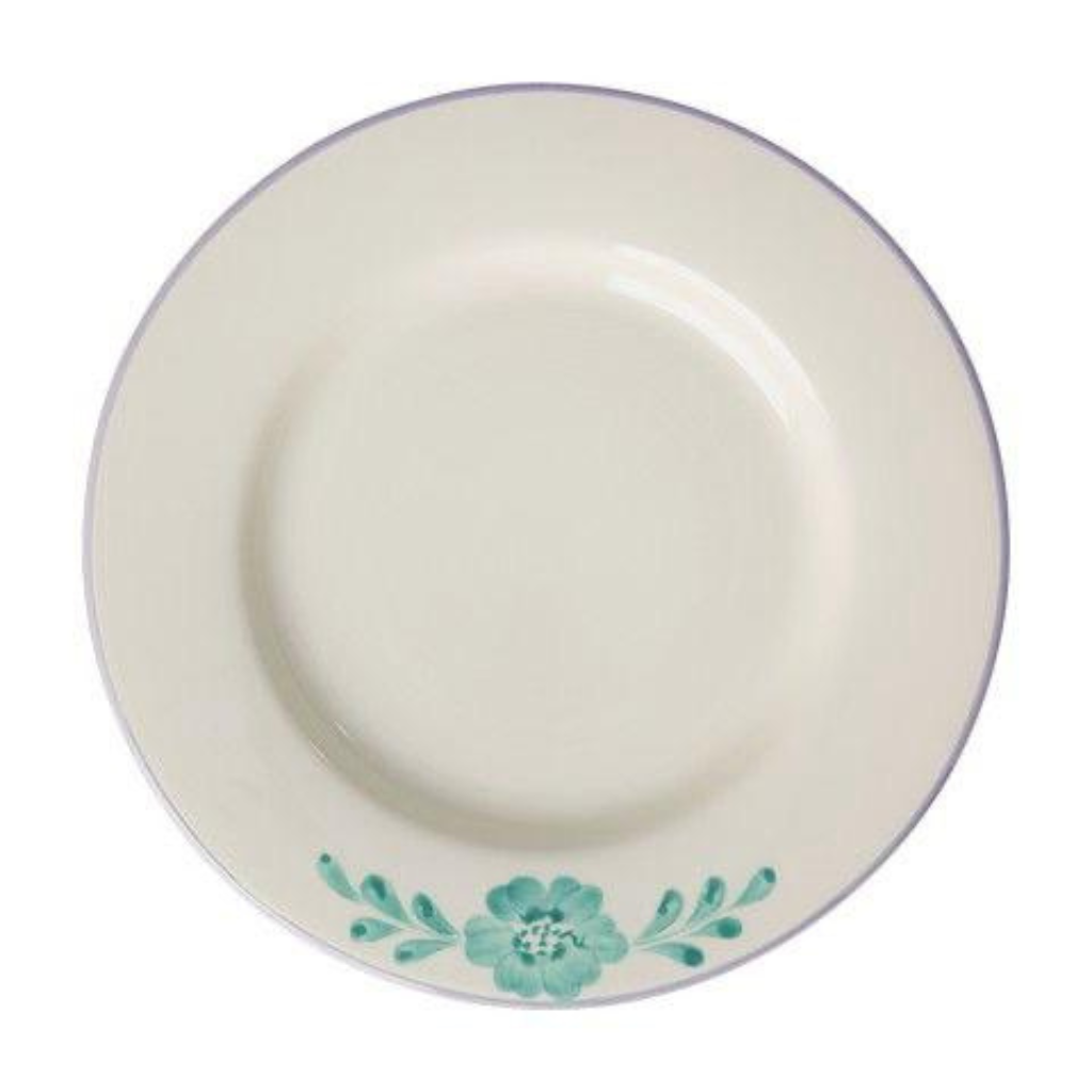 Ceramic dinner plate with green flower vine border on white rim