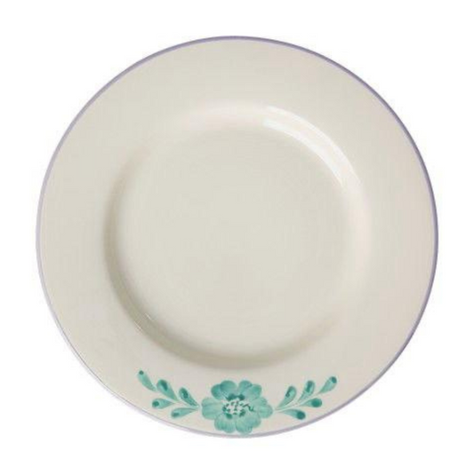 Ceramic dinner plate with green flower vine border on white rim