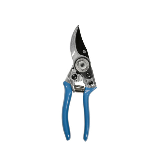 British Meadow pruner with blue handles and gray curved cutting blade