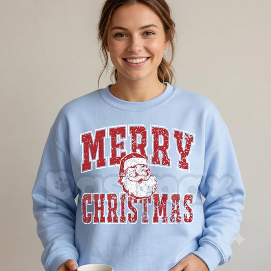 Light blue crewneck sweatshirt with vintage "Merry Christmas" Santa graphic