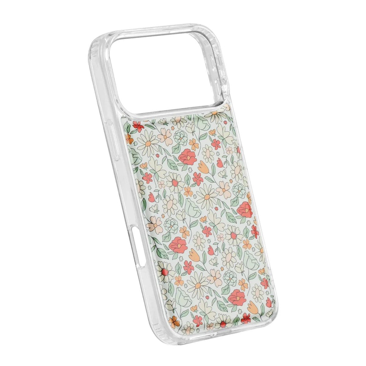 Floral magnetic phone case with clear bumper, side cutouts, and white wildflower pattern