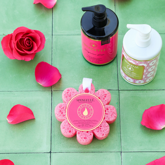 SPONGELLE Bulgarian rose body wash refill, lotion, and sponge flower