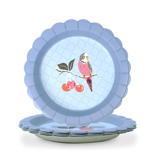 Scalloped light blue dessert plates, bird and cherries illustration on white center