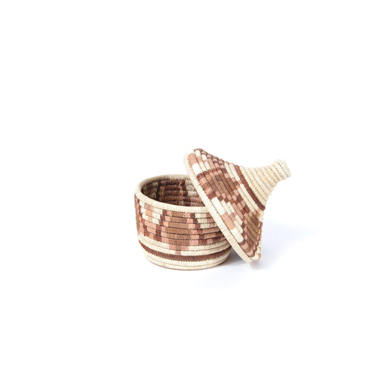 Woven coffee basket with lid hinged open, brown-and-cream flower stripe pattern