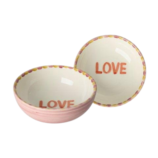 Hand-painted ceramic bowl, pink rim and orange LOVE lettering