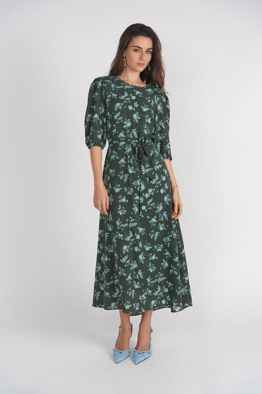 Smocked Shoulder Dress- Light Blue Florals on Green