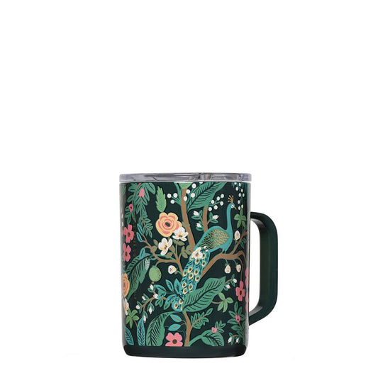 Floral 16 oz mug with a peacock illustration and dark green handle