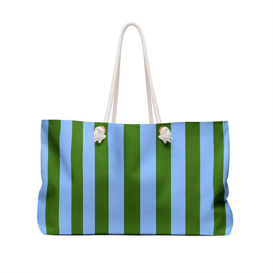 Striped weekender tote with rope handles, green and ice-blue vertical stripes