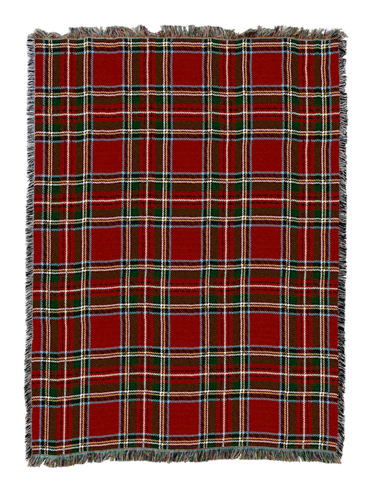 Fringed red, green, blue plaid blanket with thin yellow and white lines