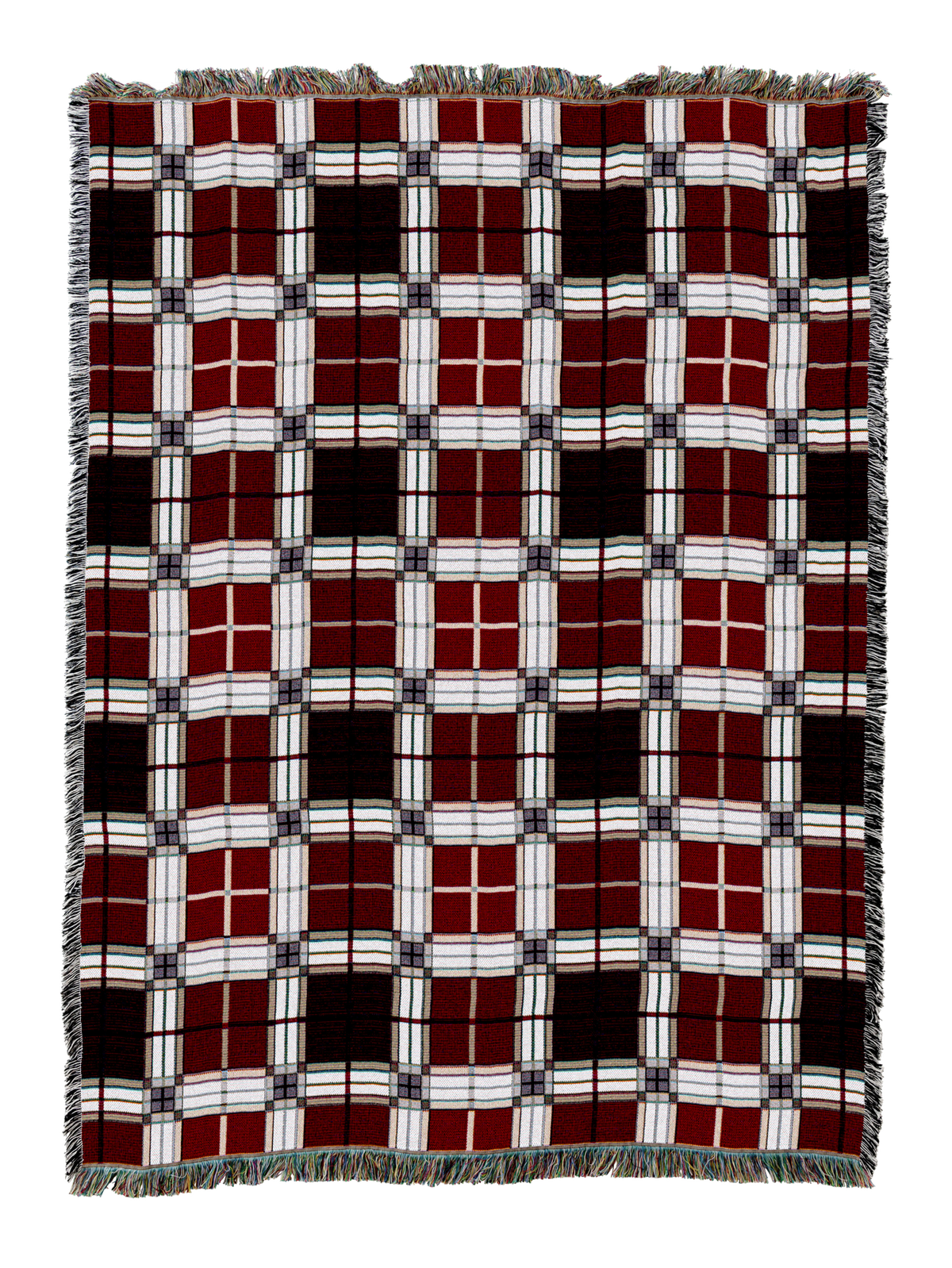 Plaid blanket with red, white, and dark brown grid pattern and fringed edges
