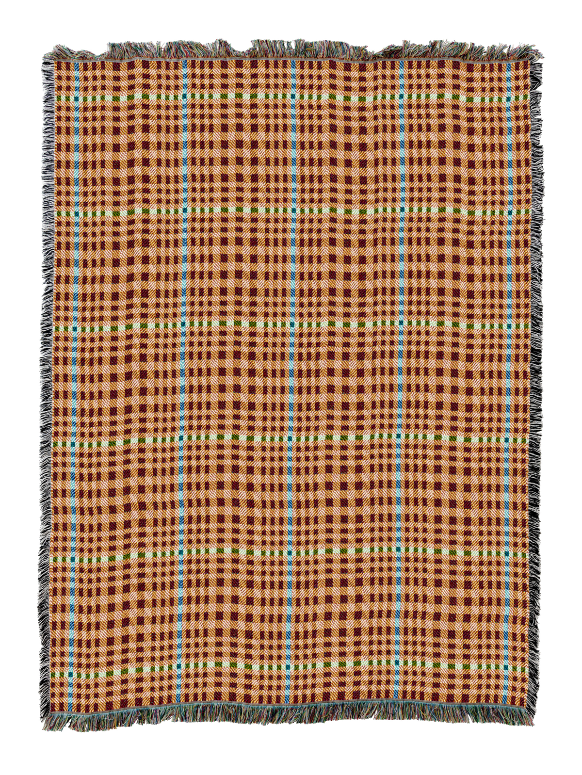 Herringbone-pattern woven blanket in orange checkered plaid with cream and blue, fringed edge