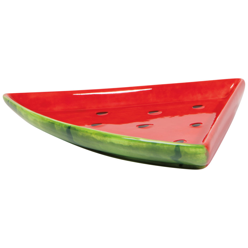 Watermelon-slice shaped dish plate with red interior and green rind edge