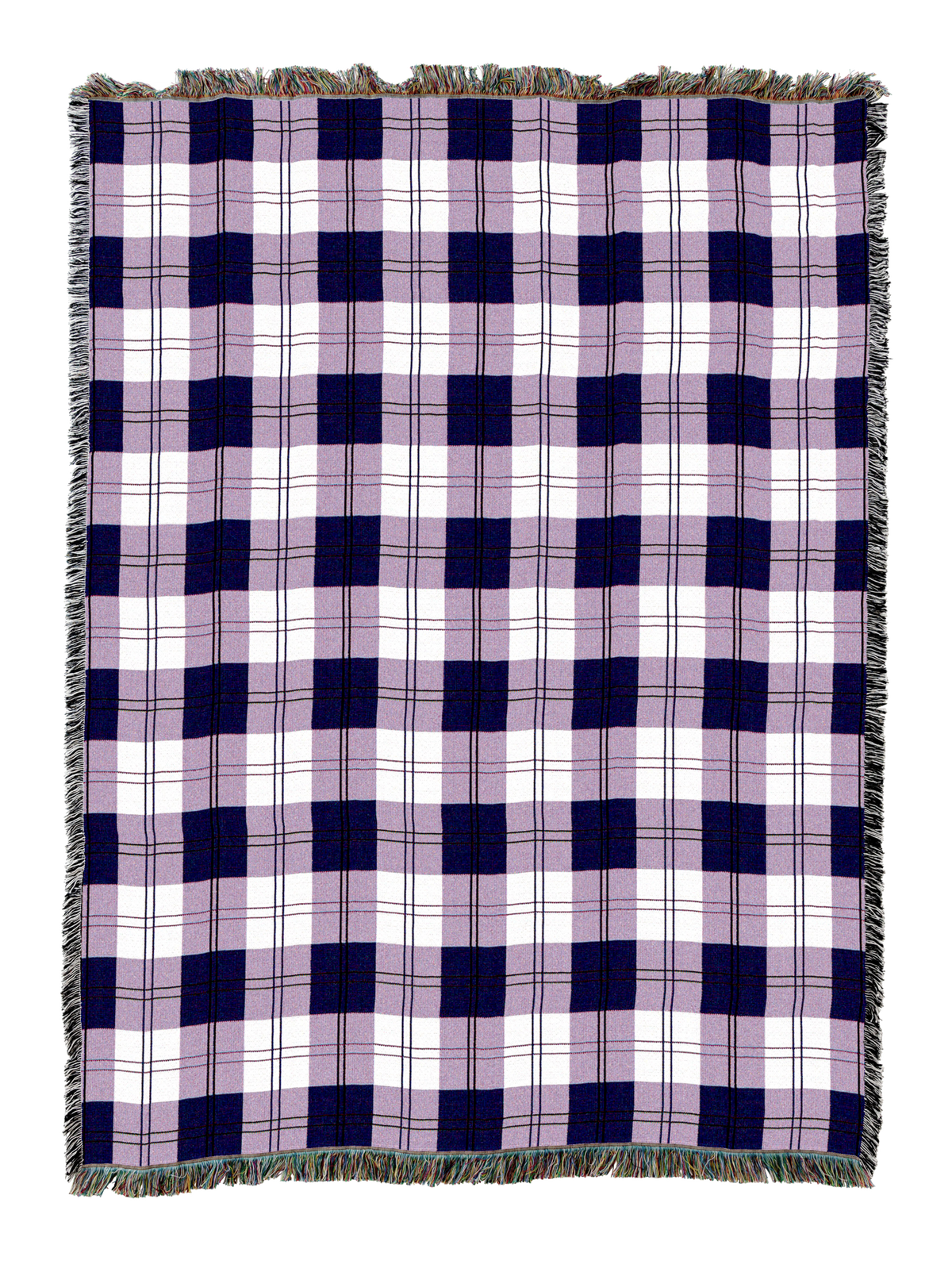 Boysenberry plaid blanket with navy and white checkered pattern, fringed edges
