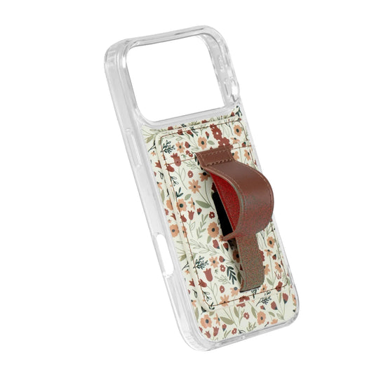 Clear phone case with floral magnetic wallet back and brown magnetic closure
