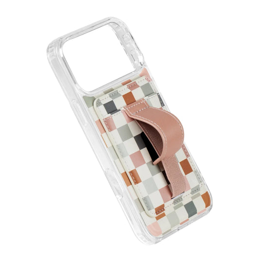 Checkered magnetic wallet in clear sleeve with pink strap loop