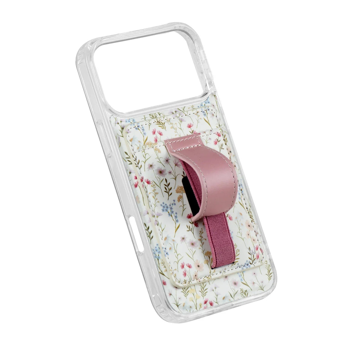 Floral magnetic phone wallet with mauve card slot in clear phone case