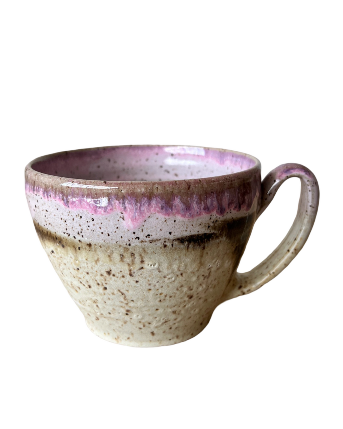 Ceramic cappuccino cup with speckled finish, purple rim glaze, and side handle