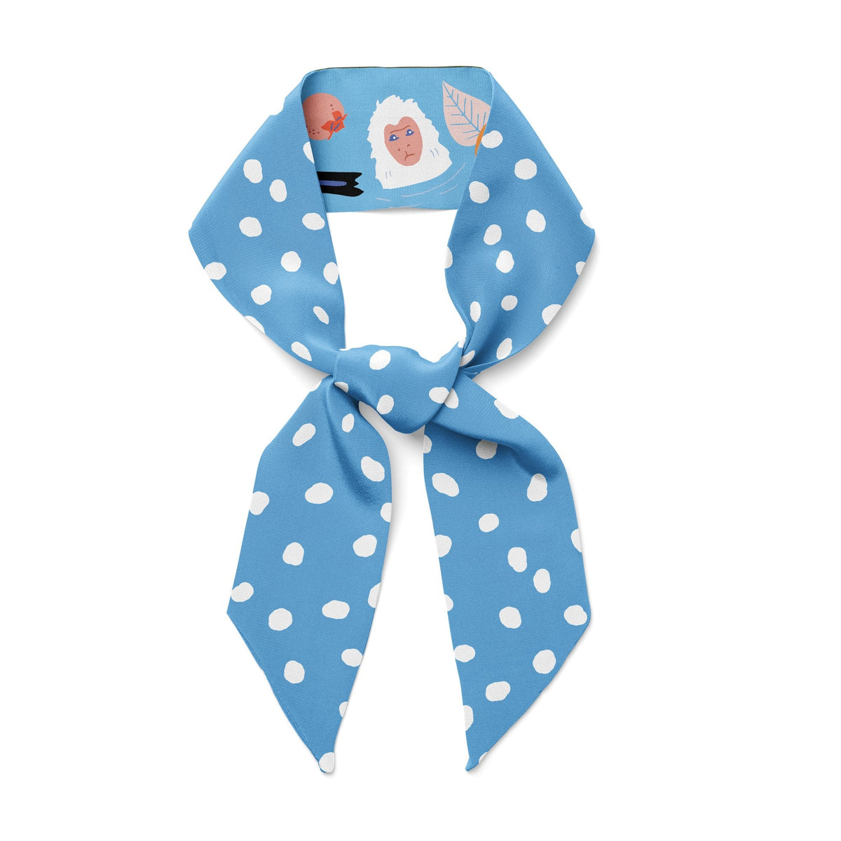 Light blue ribbon scarf with white dot pattern and cartoon monkey and fruit prints