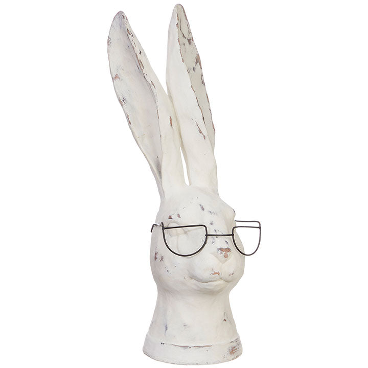 Rabbit figurine with glasses, white with long ears up