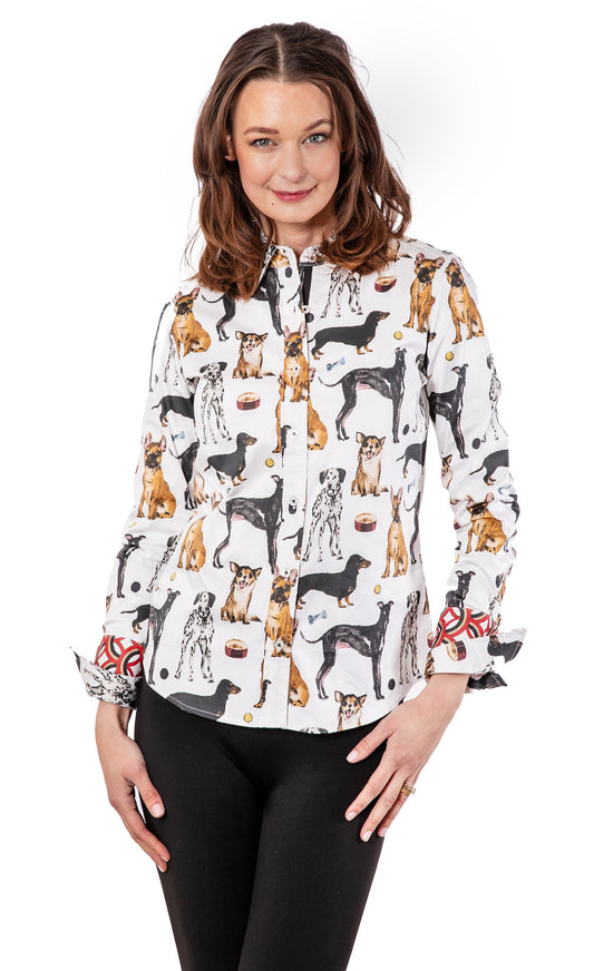 Collared long-sleeve dog print button-up shirt on white, front view