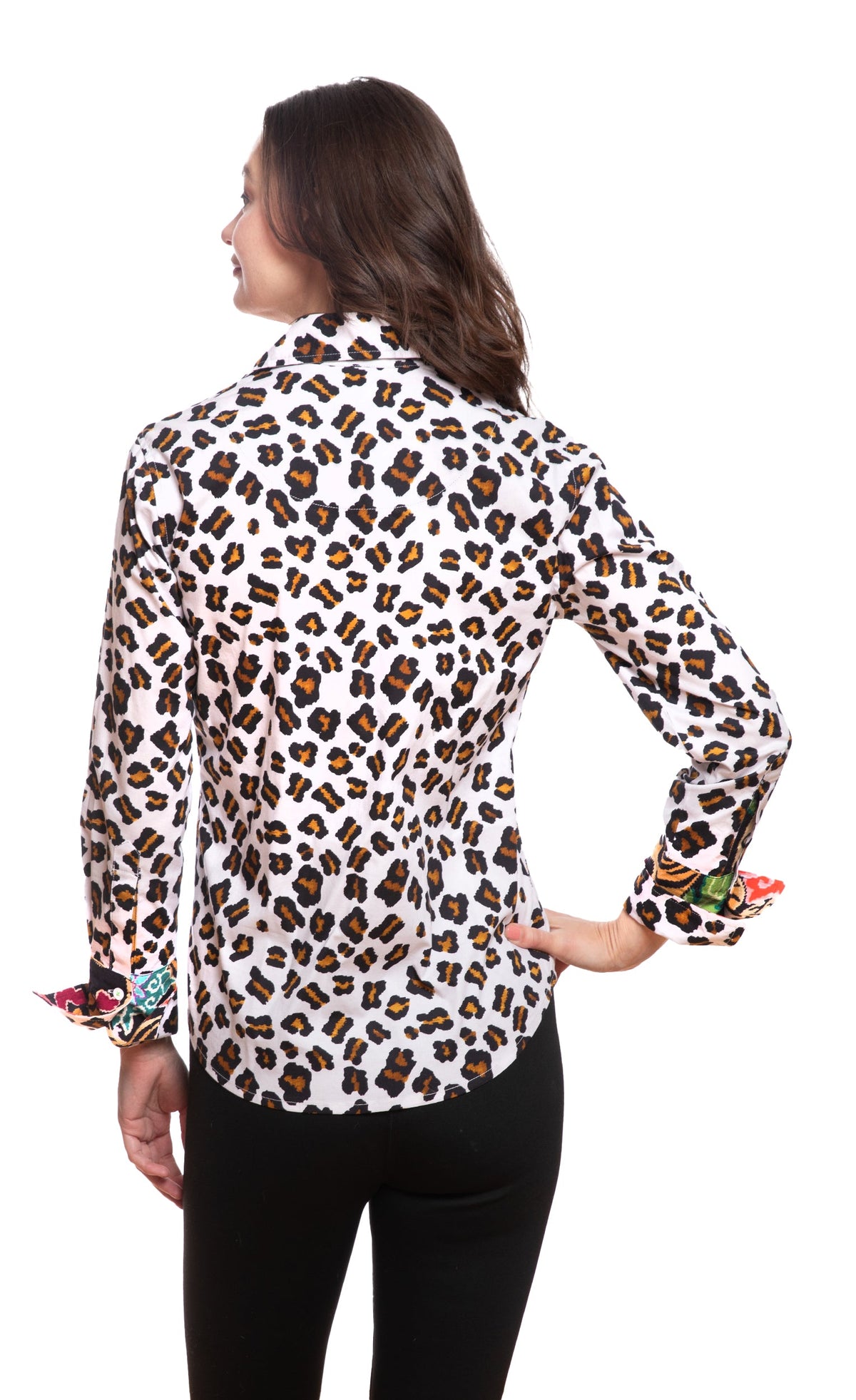Oversized back view shirt with white multicolor dot/leopard pattern and long sleeves