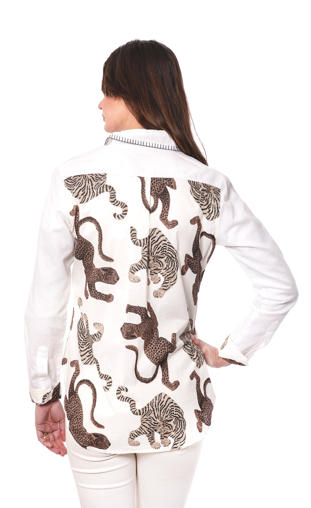 White long-sleeve shirt with scattered brown cat silhouettes on the back