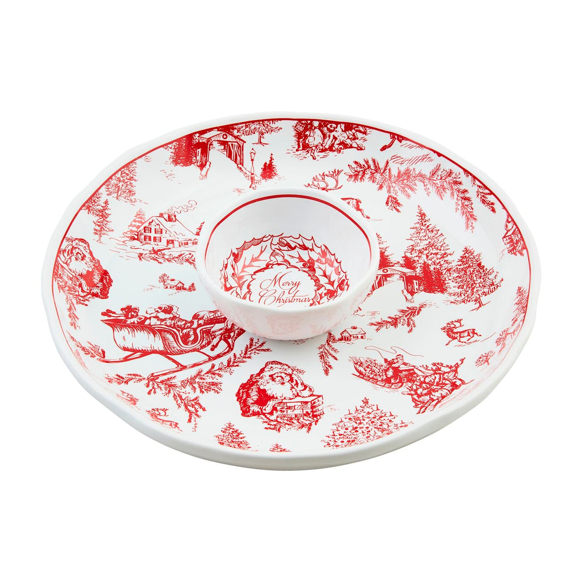 Round white chip and dip platter with red holiday toile pattern and center bowl