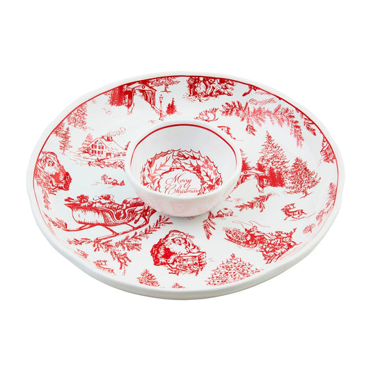 Round white chip and dip platter with red holiday toile pattern and center bowl