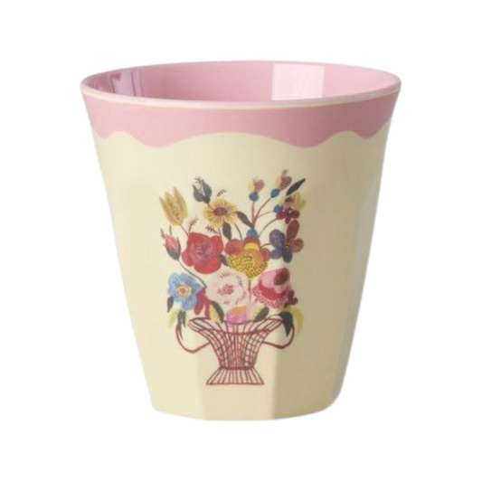 Pink melamine cup with floral basket print, medium 8.45 oz