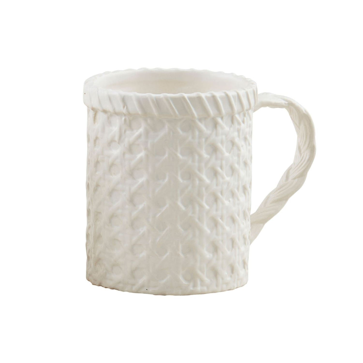 White ceramic coffee mug with diagonal woven texture relief and curved side handle