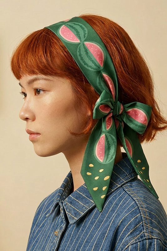 Watermelon print twilly scarf knotted on hair bun, green and pink pattern.