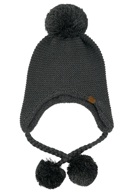Black knitted trapper beanie with yarn pom top and two pom ear flaps
