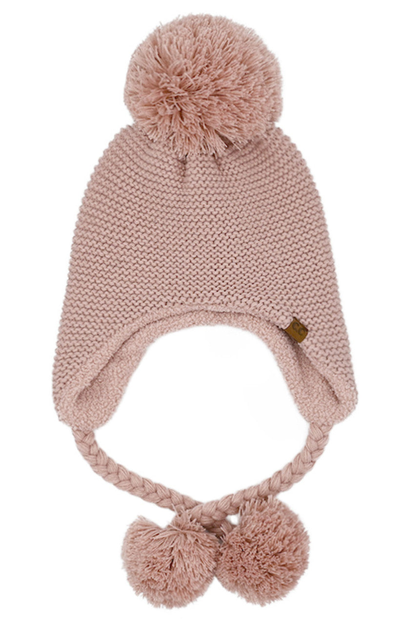 Rose knitted trapper beanie with yarn pom top and two pom ear flaps