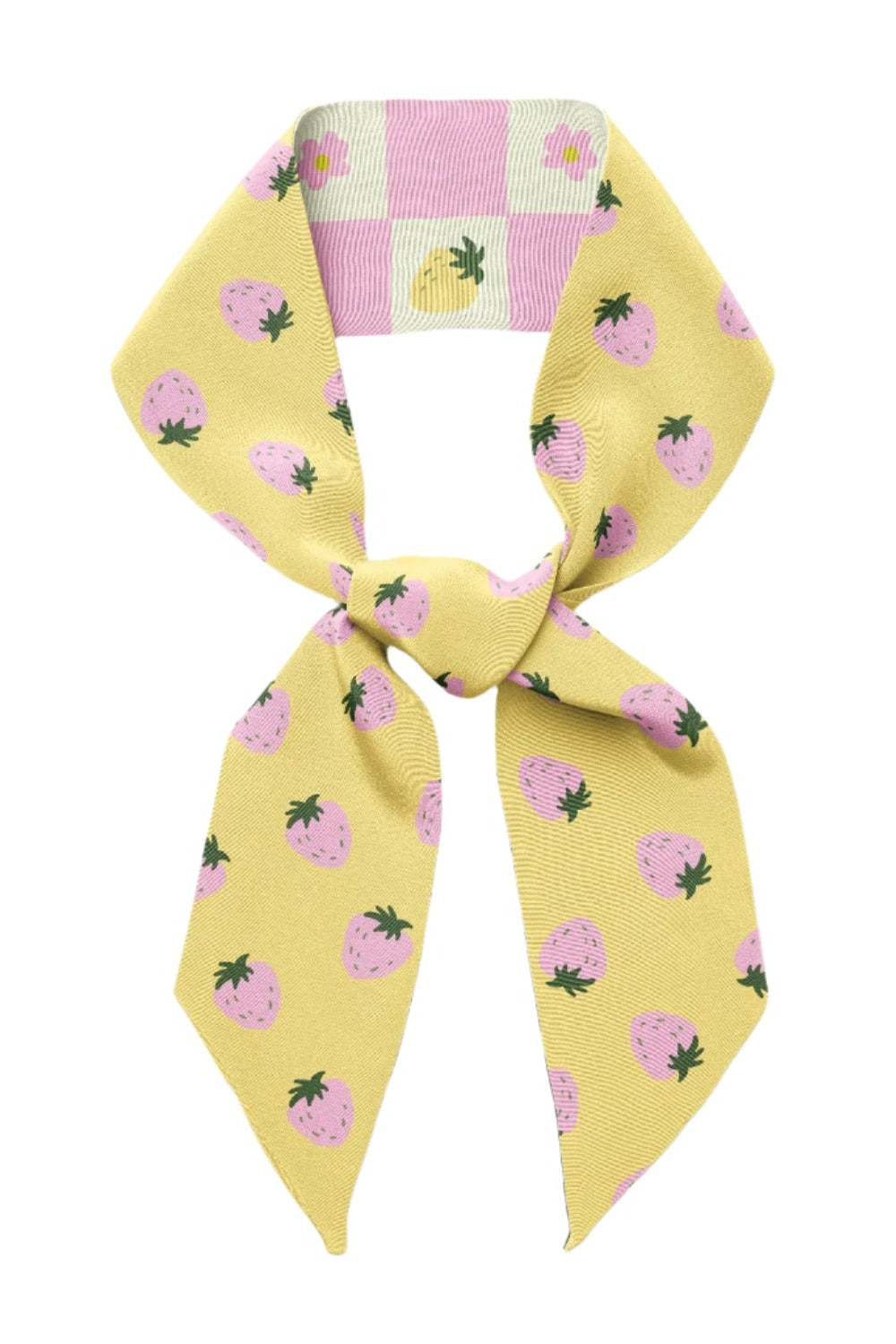 Yellow and pink fruit print twilly ribbon scarf, knotted at center