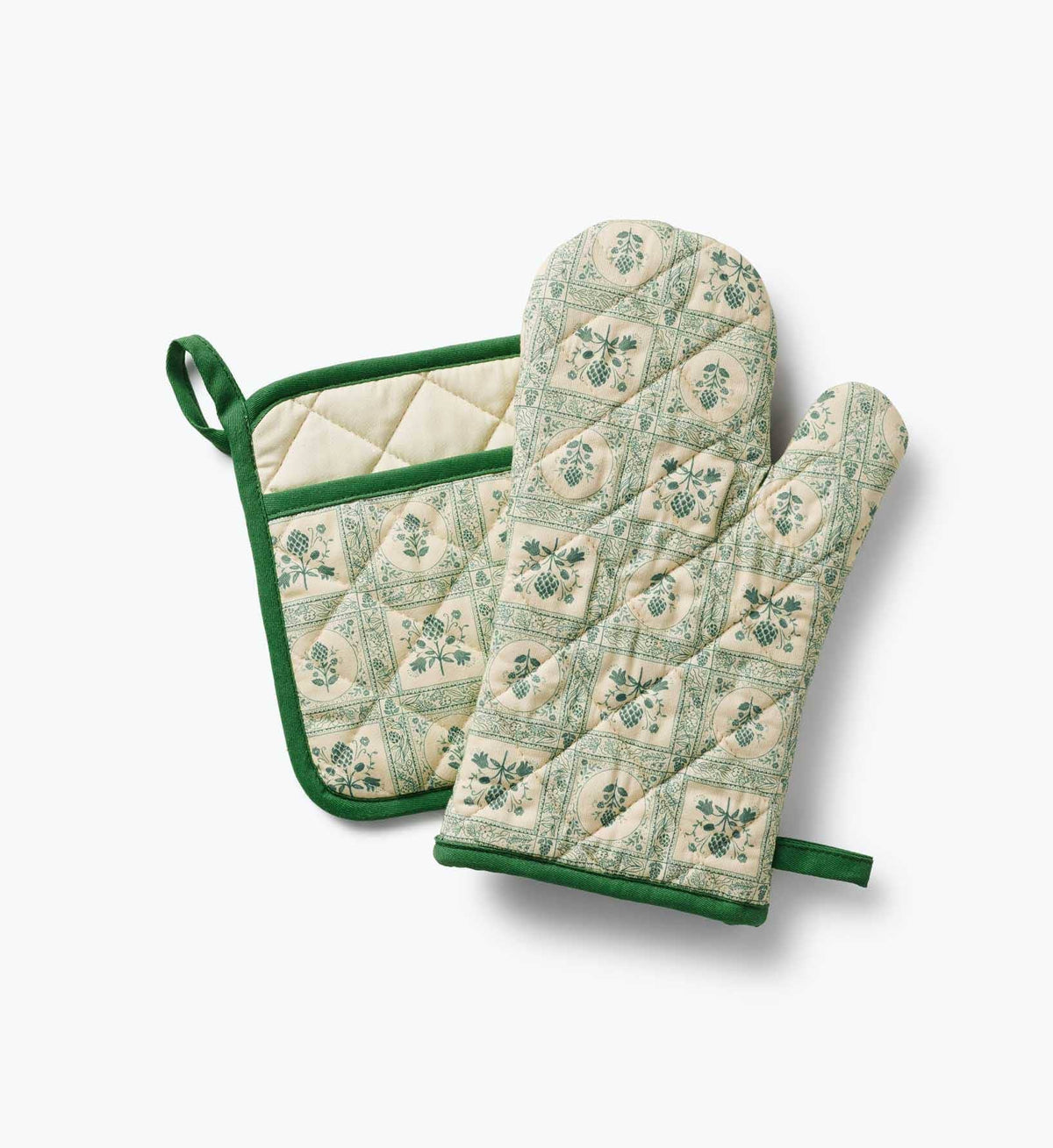 Rifle Paper Co. pair of quilted oven mitts, artichoke patchwork with green hanging loops